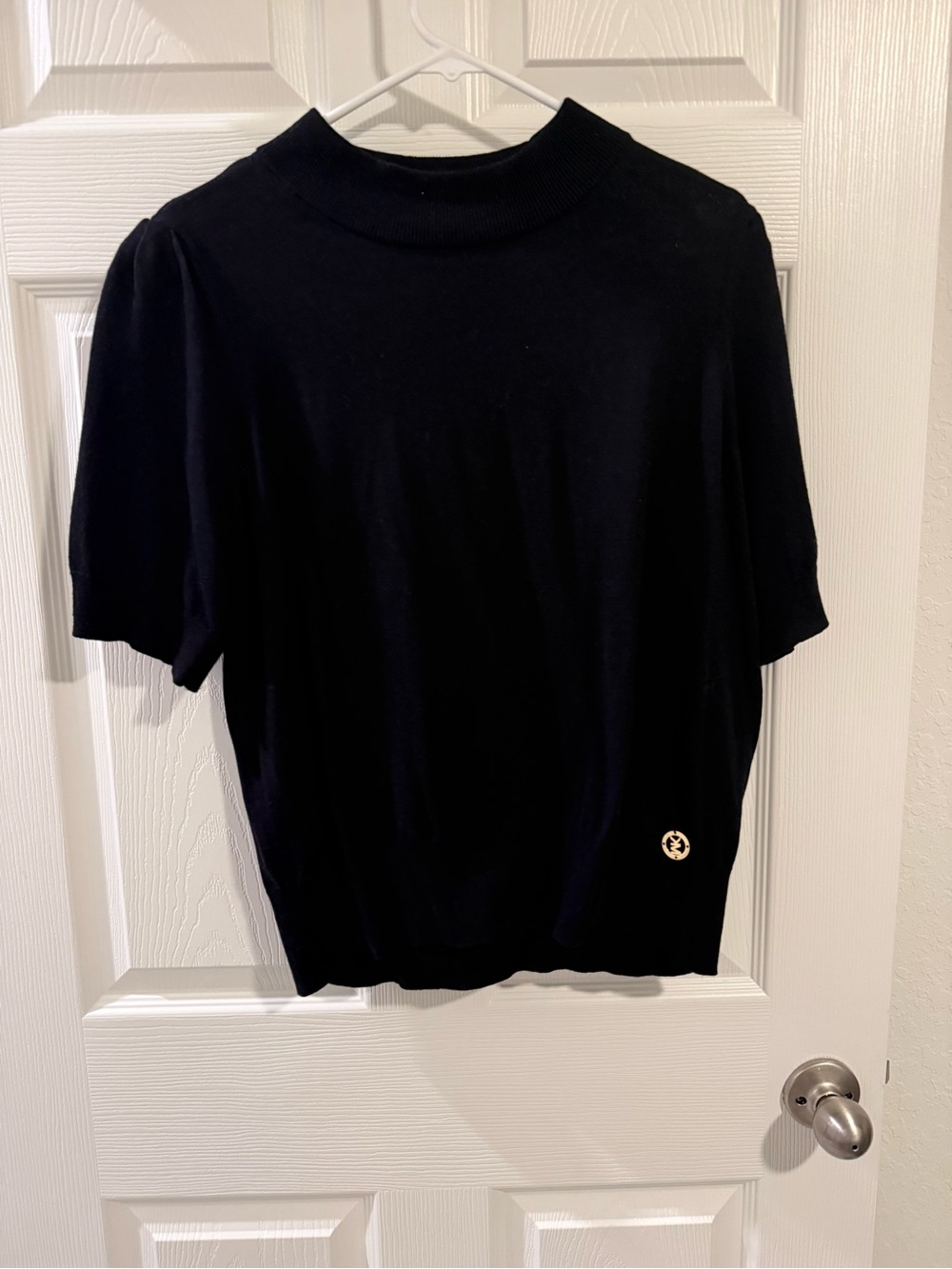 Michael Kors Black Short Sleeve Turtleneck Sweater with Gold Logo Accent